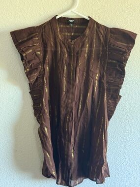 Express Brown Blouse with Gold Metallic Stripes and Ruffle Sleeves